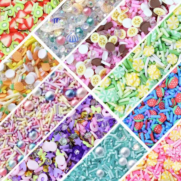 1Box Mixed Fruit Crystal Pearl Polymer Clay Hot Sprinkles para artesanato DIY Tiny Plástico Cute Acessórios Klei Slime Preencher 150ml