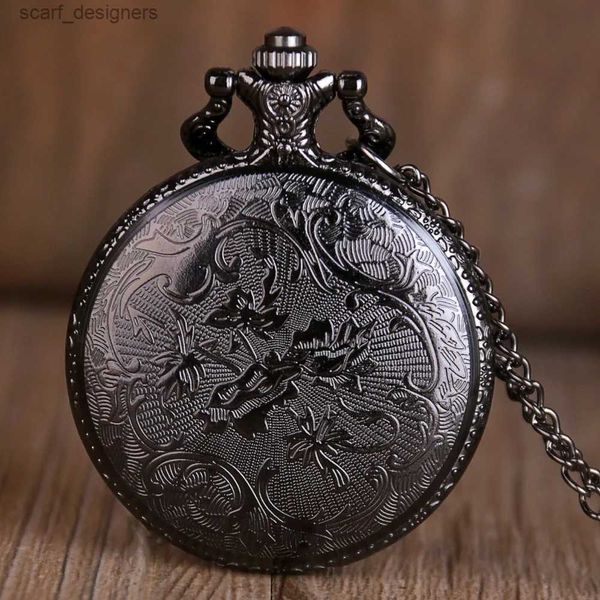 Pocket Uhren antike Vintage Hollow Black Gear Hohlquarz Taschenkette Anhänger Uhr Kette Männer Frauen Y240410
