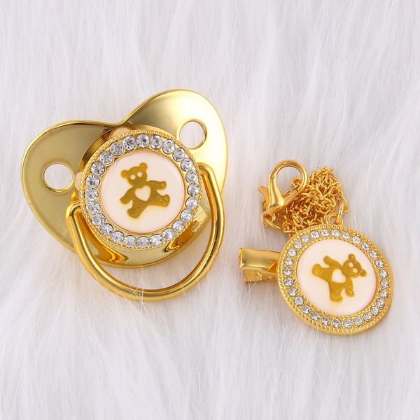 Bling Luxury Rhinestone Baby Reddier adorável urso dourado recém-nascido silicone ortodôntico mamilo sono Soother 0-18 meses