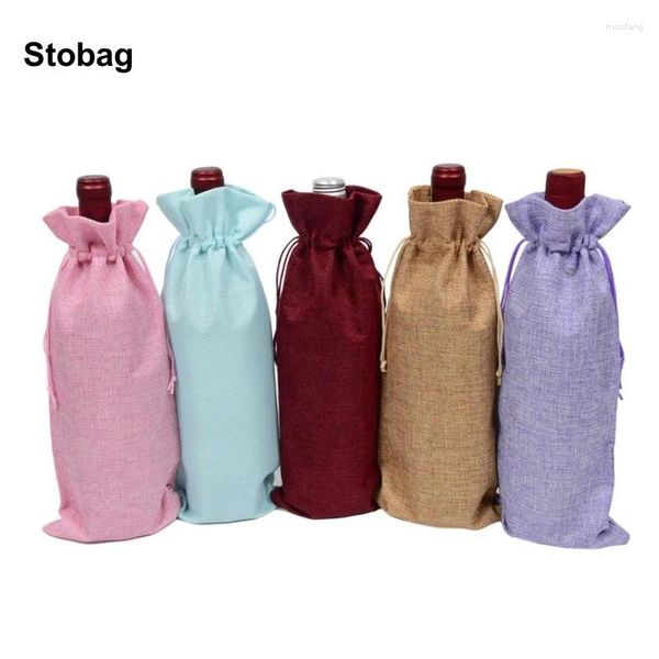 Borse da stoccaggio Stobag 10pcs Borsa per coregne di lino lungo per confezione di vino rosso Regalo Organizzatore portatile Pocastino riutilizzabile all'ingrosso