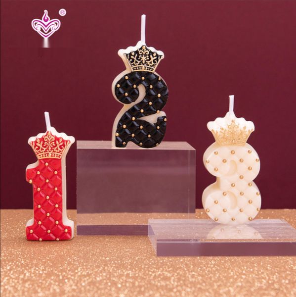 Velas de aniversário para bolo Número digital Velas da coroa para festa de celebridades decoradas brancas e pretas