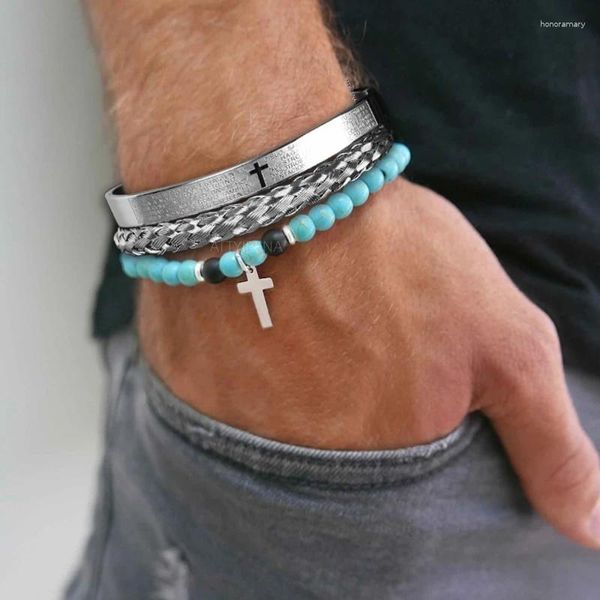 Bracelets de charme 3pcs/set homens homens aço inoxidável escultura em espanhol espanhol contas de pedra cruzadas pulseiras de jóias artesanais de luxo