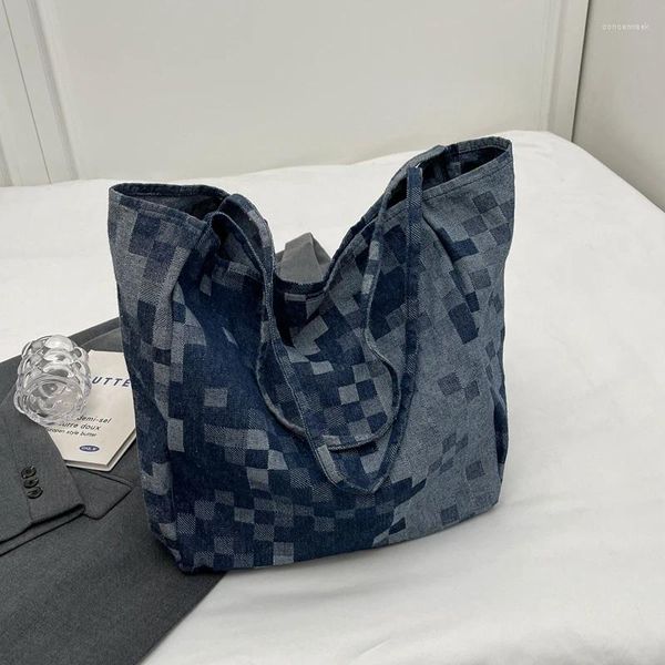 Umhängetaschen Trendy Grid Denim Denim Große Frauen Tasche Handtaschen und Geldbörsen Jeans Hobos Ladies Einkaufstasche Hochqualität