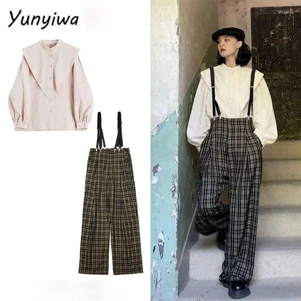 Frauen zweisteuelhafte Hosen Frauen Sets kar Plaid wischende Overalls Langarm Ständer Kragen weiße Hemden Retro Weibchen 2 Pecs Vintage Streetwear