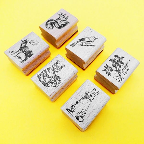 Carimbos de borracha de madeira para fabricação de cartas, padrão de seis animais, papelaria de bricolage, artesanato de scrapbooking, suprimento de cartas, presente infantil