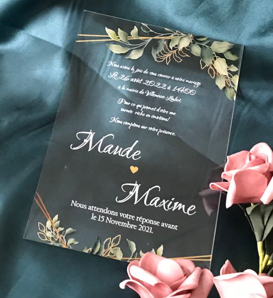 Convite de casamento acrílico, convite de acrílico de eucalipto, menu de casamento de acrílico de 10pcs com base, folhas verdes.