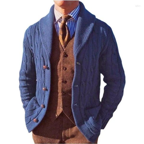 Herrenpullover und Herbst Winter Slim Fit Langarm Strickmantel Polo Kragen Blau Strickjacke Sweater Sy0065