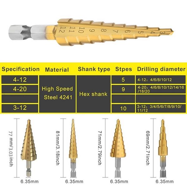 1/3pcs hss titanium drill bit 3-12 4-12 4-20 Ferramentas elétricas de perfuração Metal de alta velocidade de aço de aço de madeira cortador de cachorro conjunto de broca