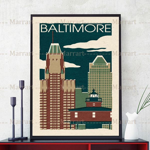 Oriole e corvo di Baltimora Maryland Stampe d'arte Urban Tourism Landscape Wall Art Buildings e Skyline Poster Print Decor