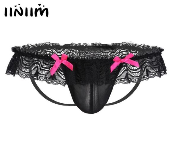 Mens Lingerie Gay Panties Örgü Dantel Sissy Thongs Bowknot Açık Butt Jockstraps Bikini Kılavuzları S10158340544