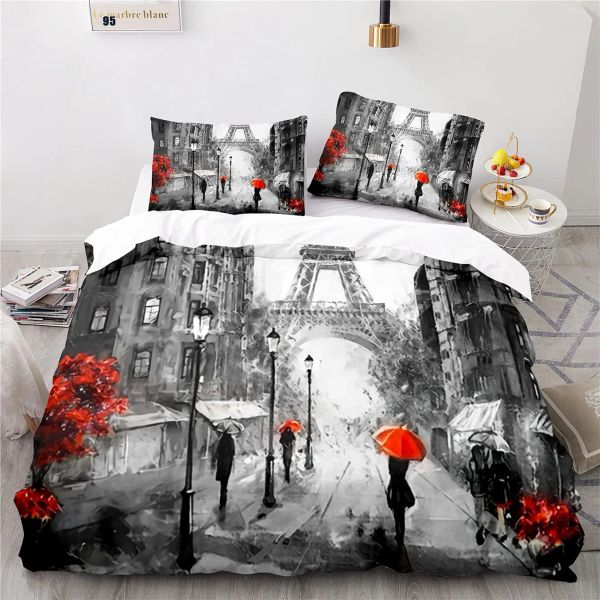 Eiffel Tower Duvet Cover Paris Frankreich Bettwäsche Set Retro Red Truck Quilt Deckung Stadtgebäude Automobile Polyester Bettdecke Deckung