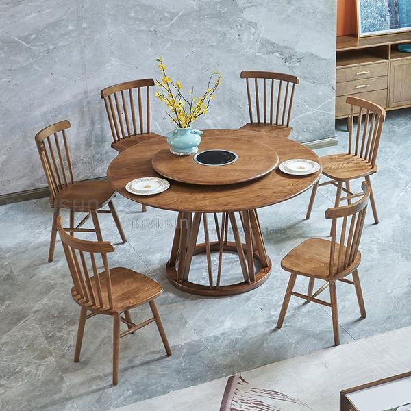 Conjuntos de mesa de cozinha de madeira maciça clássica 6 Cadeiras Mesas de jantar redondas extensíveis com plataforma giratória para o jantar minimalista móveis