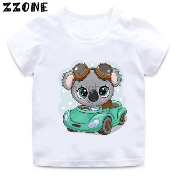 T-Shirts Kinder Lustige Tier T-Shirts süße Koala Drive a Auto Cartoon Graphic Girls Kleidung Sommer Baby Jungen T-Shirt Kinder Topsooo5445 240410