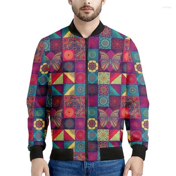 Jackets masculinos Bohemian Mandala Patchwork 3D Jaqueta impressa masculina Sweethirts Floral Pattern Sweetshirts Tops de mangas compridas zíper do bombardeiro