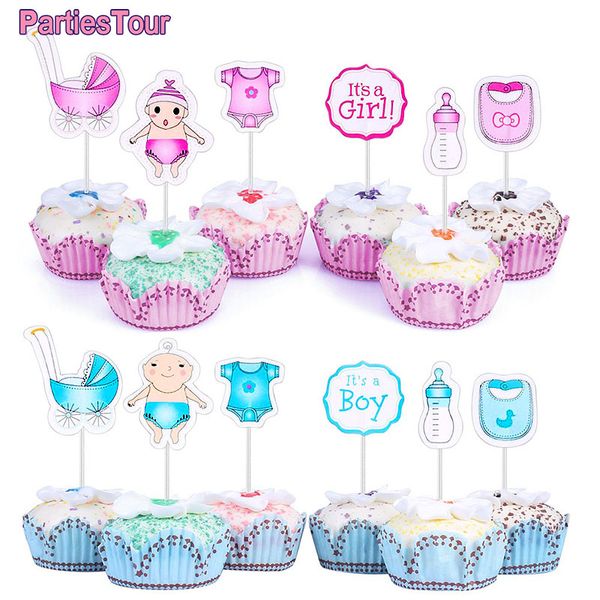Chá de bebê Gênero Revelar Cupcake Toppers de cupcakes menino menina é uma menina menina bolo azul rosa Picks Babyshow Party Supplies