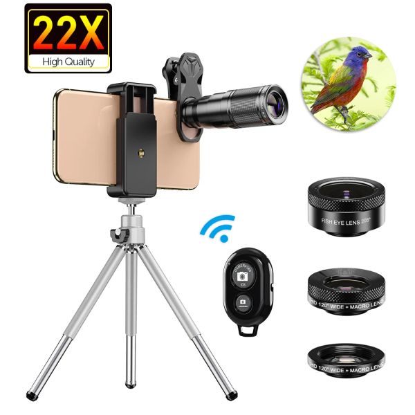 LENSEL APEXEL 22X Telefono Lens 4in1 Telescope Zoom Lens con lenti a occhio macro di pesce macro remoto per iPhone smartphone Samsung Lente