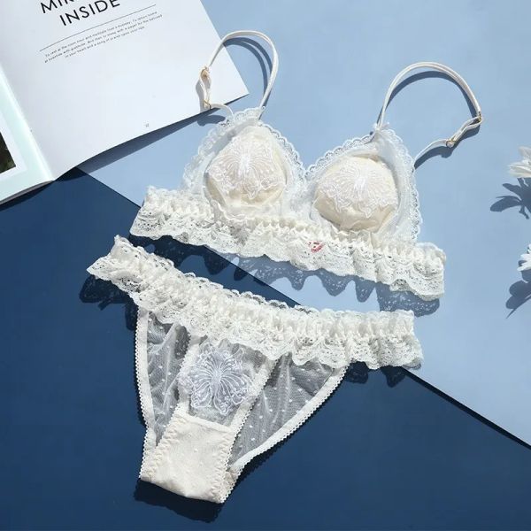 Set di reggiseno sexy ultra sottile francese Donne in fila di pizzo da ricamo da ricamo e dolce set di lingerie a triangolo traspirante