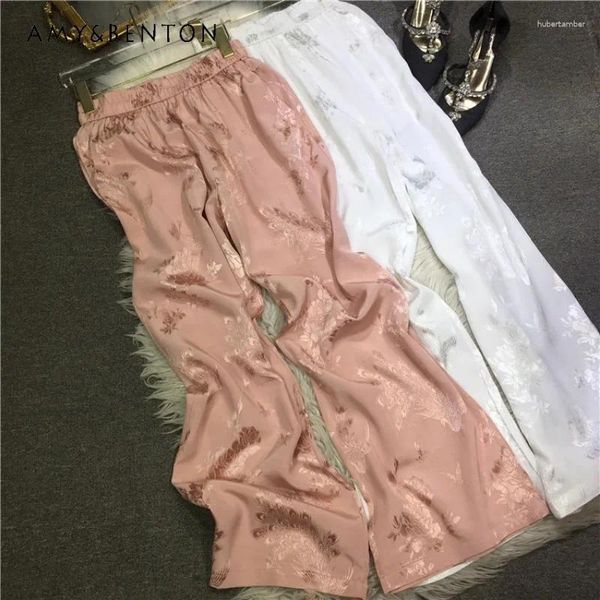 Frauenhose Leicht Luxus schwerer Industrie Druck seie satin hohe Taille Kühle Frühlings Sommer Schlampen mit weitem Bein drapierte Hose