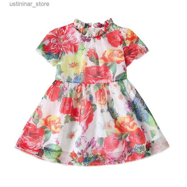 Vestidos de menina Primavera da primavera do verão meninas vestido de estampa floral de joelho de joelho para crianças roupas de babados de manga curta Milk Silk Princess Dress for Girls L47