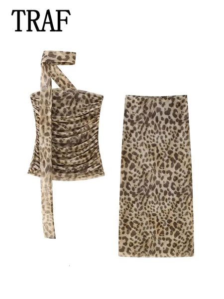 Traf Leopard Impresso Midi Skirt Conjuntos para mulheres 2 peças 2024 Corsários de moda Top feminino Suje de duas peças