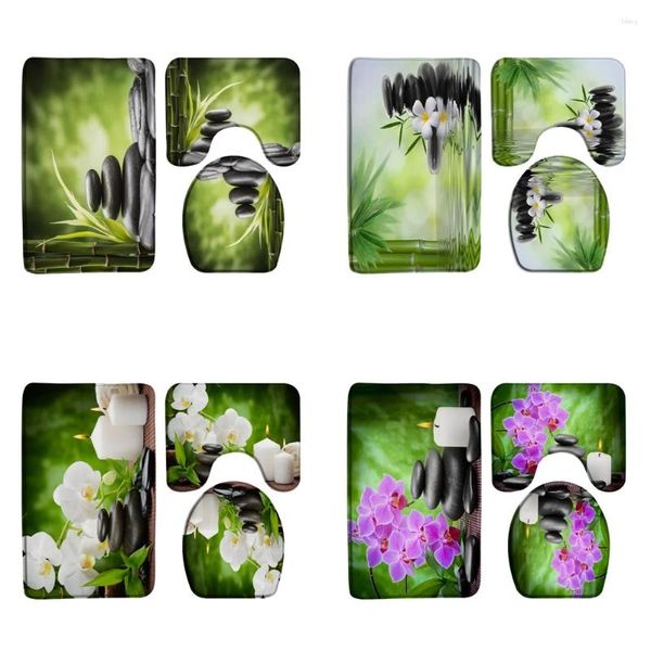 Баня коврики zen коврики наборы зеленый бамбук орхидея цветочный завод черный камень спа-пейзаж сад ванная комната для ванной комнаты без скольжения крышка туалетной крышки