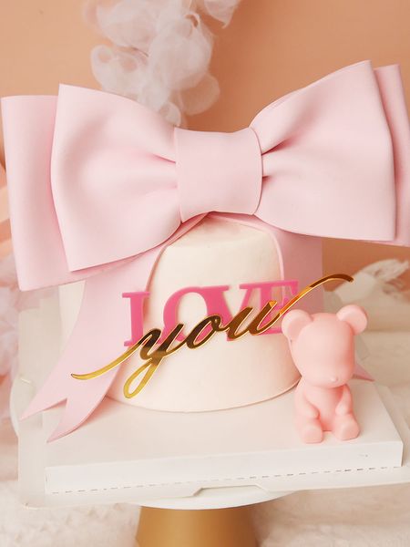 Pink Big Bow Engel Bären Herzen lieben Sie Kuchen -Toper für Valentinstag Party Dekorationen Jubiläum Liebesgeschenke