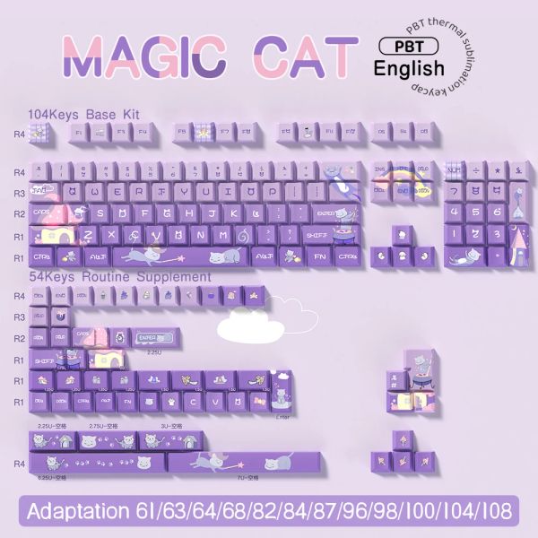 Accessoires Purple Gradienten niedliche Kawaii Miow Magic Cat Keycaps Kirschprofil für Gateron Switches Mechanische Gamer -Tastatur 1Set 1Set