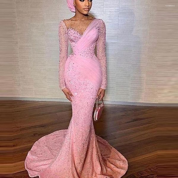 Partykleider rosa Paillettenabschlussball mit Perlen Perlen Langarmer Meerjungfrau Abendkleid Afrikanische Frauen formelle Kleider