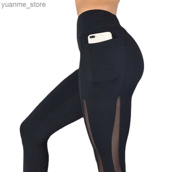 Outfit yoga Black Sexy Womens Yoga Gambe Gambe Pocket per telefoni cellulari Fitness Pantaloni Elastico Palestra sportiva Palestra stretta pantaloni da yoga y240410