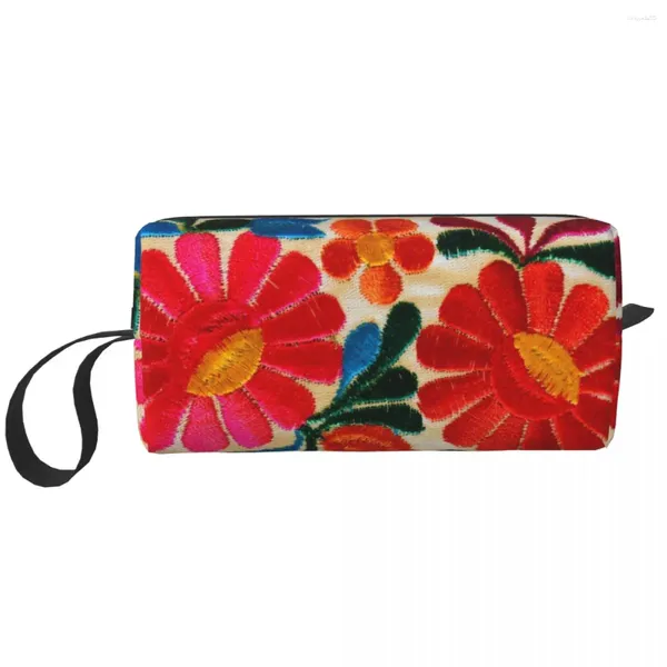 Aufbewahrungstaschen mexikanische Blumen Stickerei Art Make -up -Tasche Frauen Reisen Kosmetischen Organizer Kawaii Textile Blumen -Volks -Toilnee