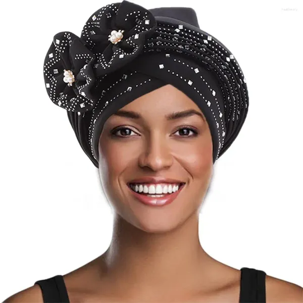 Etnik Giyim Afrika Türban Çiçek Siyah Önde Ön Bağlı Headwrap Köpüklü Elmaslar Bonnet Beanie Head Bands Kadınlar için