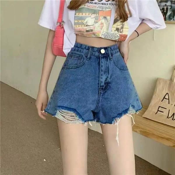 Frauen Shorts Trendy Loch hohe Taille Denim weibliche Sommergewürz Mädchen unregelmäßiges Bein lose A-förmige Burr Short Jean Hosen