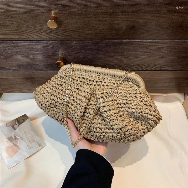 Borse a tracolla Beige Khaki SeaShell Borse Tote per donne Boemia Summer Paglie a maglia piccole frizioni Gold Color Chain Borse Party Bolsos