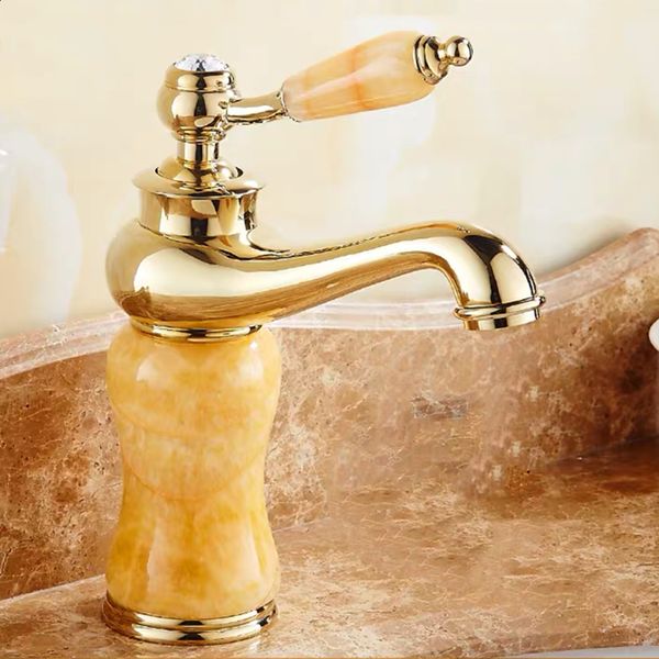 Rubinetti di lavaggio a base di bacino oro in rame a manico singolo rubinetto del bacino da bagno con ponte di giada montato per lavello a acqua calda fredda cucini di miscelazione