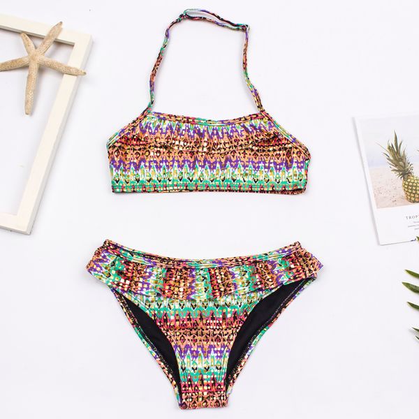 7-14 anos Falbala Print Girls Kids Swimsuithwear 2024 Kid Summer Bikinis Conjunto de crianças Halter Biquini Swimming Suit A318