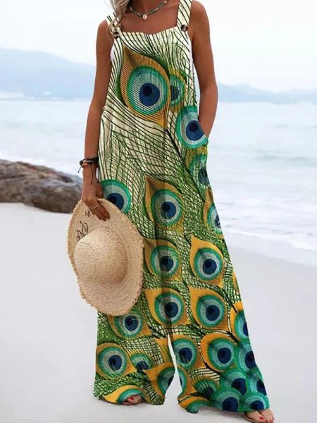 Ajeta de espaguete de verão macacão solto boho padrão vintage impressão de pernas largas manchas femininas de pocket stone de praia casual traje reto