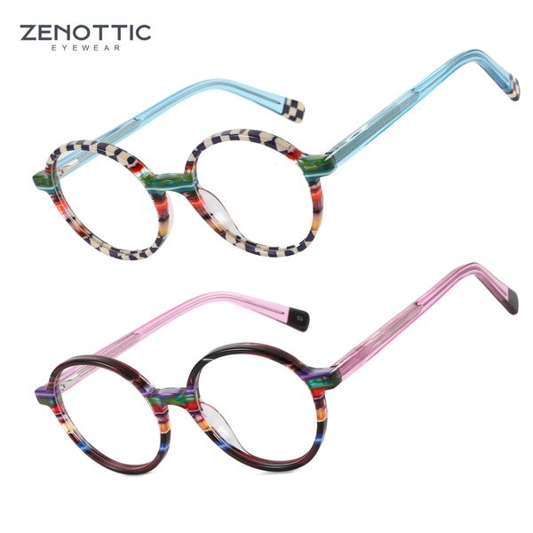 Zenottic moda benekli desen optik çerçeve unisex asetat gözlükleri reçetesiz yuvarlak İtalyan Tasarım gözlükleri 240408