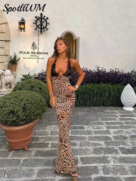 Vestidos sexy urbanos impressão de leopardo em renda preta emendado maxi vestido de pescoço de pescoço de pescoço traseiro de mulheres 2024 verão feminino sexy férias vestidos 24410