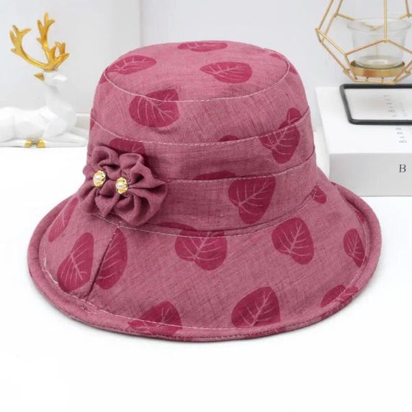 Chapéus largos e elegantes chapéu de sol dobrável feminino com estampa de folhas de folhas grandes anti-UV Bucket para o verão