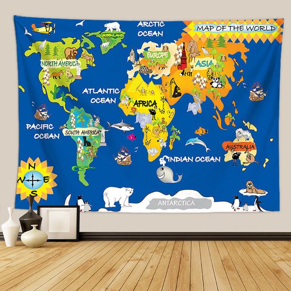 Nordic Style Animal World Map Wandteppich Wand Hanges Kinderzimmer Wohnzimmer Dekor Strandtuch Dünne Decke Yoga Schalmatte