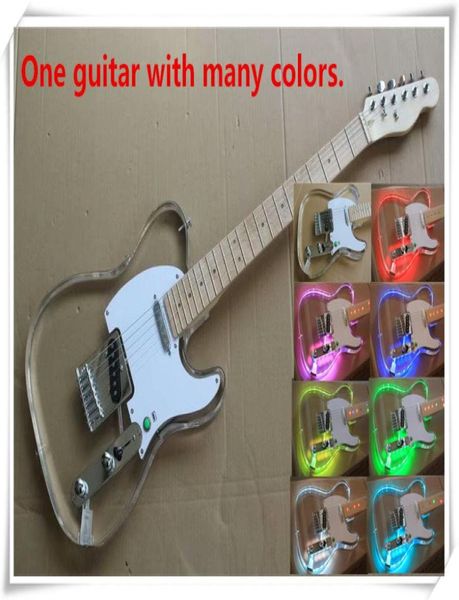 Molti colori LED LED LIGHT Transparent Acrilic Body Electric Guitar con fingerboard bridgemaple cromato può essere personalizzato7612580