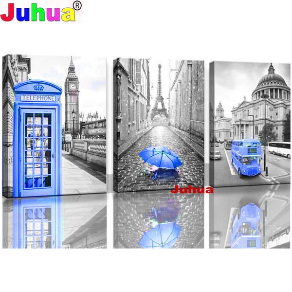 Diamantmalerei DIY 5d Triptychon Blue Paris Turm Big Ben Dekor Romantische Stadt Landschaft Diamant Stickerei Mosaic 3 Panels