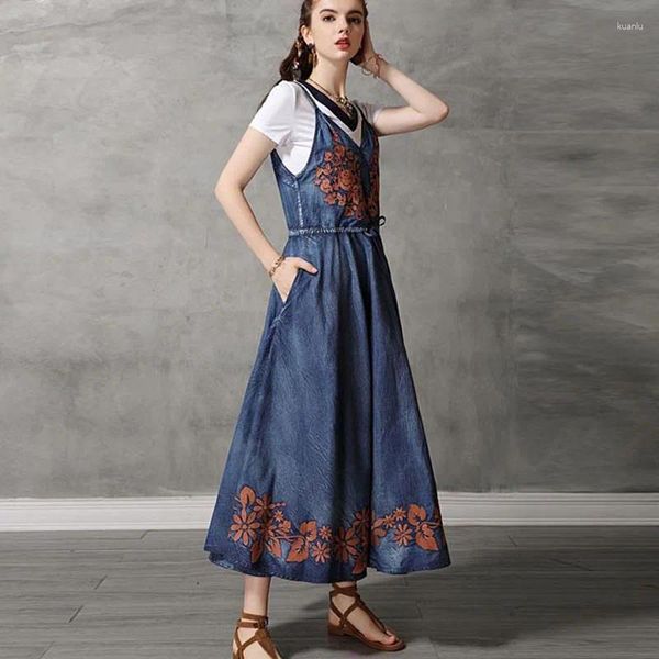 Abiti casual 2024 Fashion Estate ricami senza maniche denim per donne maxi s-xl abito spaghetti vintage