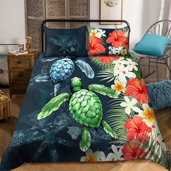 Hibiscus Blumen Duvet Cover Tribal Polynesische Schildkröten Bettwäsche Set Hawaiian Polyester Bettdecke Kingsize für Kinder Erwachsene Teen