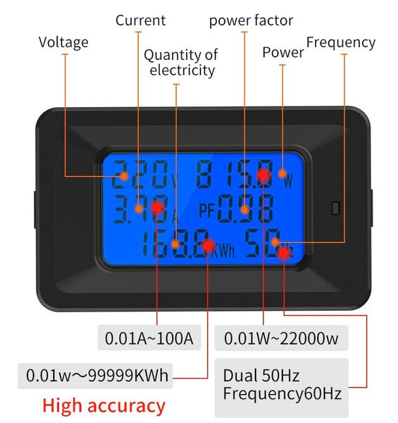 6 в 1 ЖК -дисплей Digital AC 20A 100A 110V 220V напряжение Метр Метр Вольтметр Аммиметр Ток мощности Панель ват -комбо -индикатор Новый