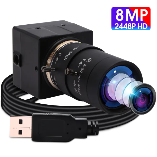 Веб -камеры ELP 8MP Webcam 3264x2448 IMX179 CS 2.812/550 мм промышленная коробка с варифокальной линзой внутри USB -камеры наблюдения для машин для машин