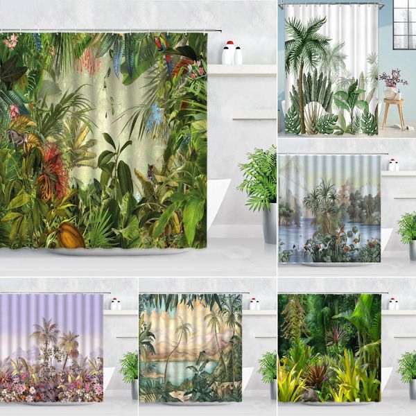 Piante giungle tende per doccia scimmia palme da palme al albero di cocco foglie di pappagalli foglie verdi scenario decorazioni per la casa tende