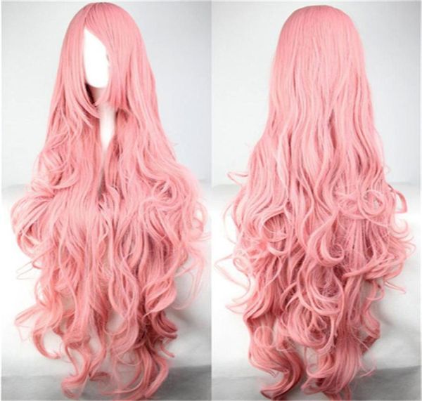 Женщины Harajuku Hair Wig Ombre пастельные пастельные розовые волнистые вьющиеся парики наклонные удары 100 см. Косплей теплостойкий синтетический синтетический парики2243561