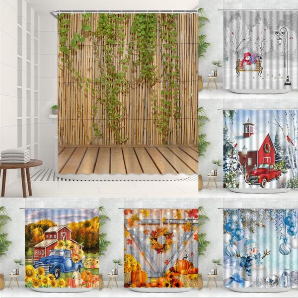 Bamboo Fence Flower Chuser Curtain Set Fabric Decor de Natal Maninho de neve Caminhão vermelho Paisagem de inverno Estética Cortina de banho de Ano Novo