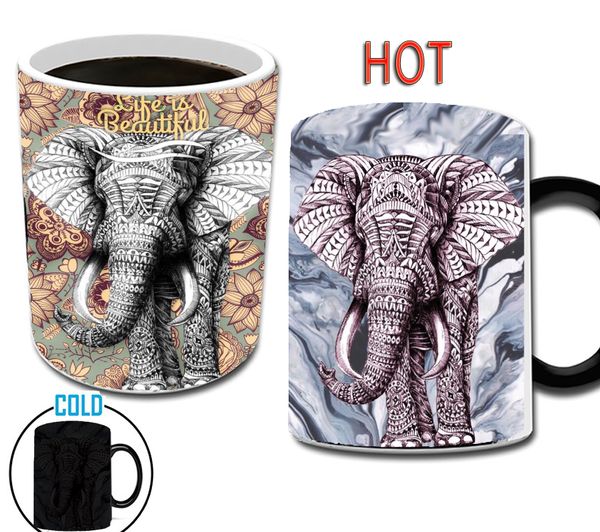 Струйный искусство слон кружка смены цвета волшебные кружки 11 унций творческие керамические молочные кофейные чашки мужчина друг муж день рождения подарки кружки
